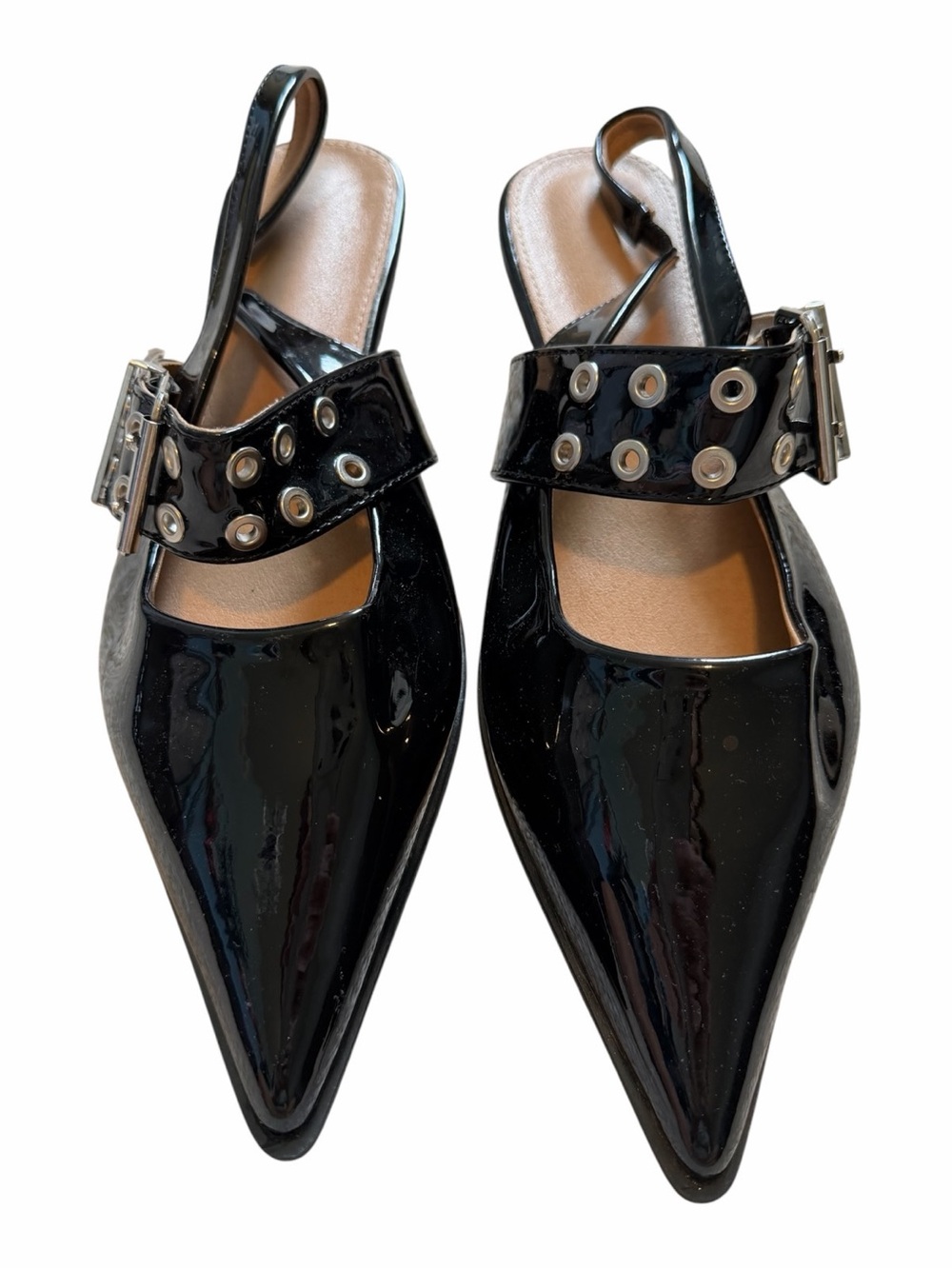 Black Patent Pointed Slingback Flats with Buckle Strap
